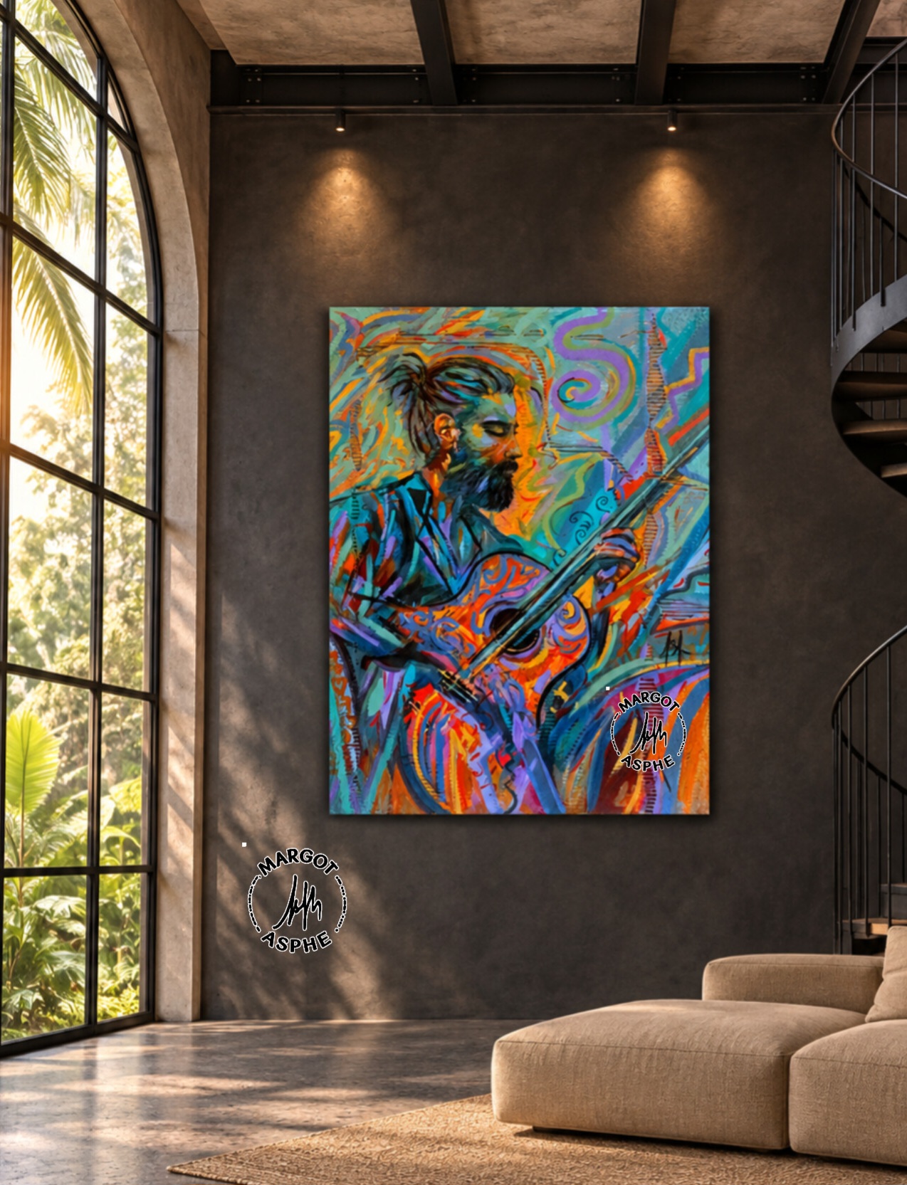 Guitariste Chaman, peinture de Margot Asphe, mise en situation
